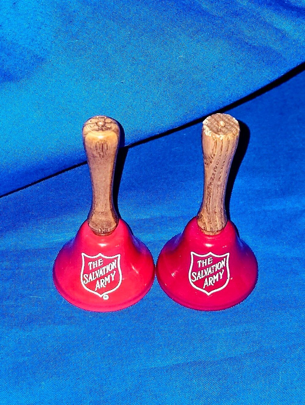 Salvation Army Vintage Christmas Red Metal Wood Handle Bells Charity Collectible